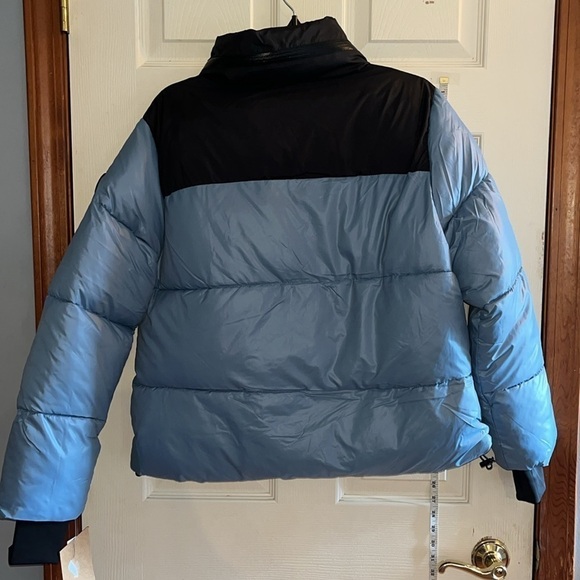 NWT-Steve Madden-L-ice blue& black-quilted, puffer, concealed hood, jacket/coat. - Picture 2 of 16